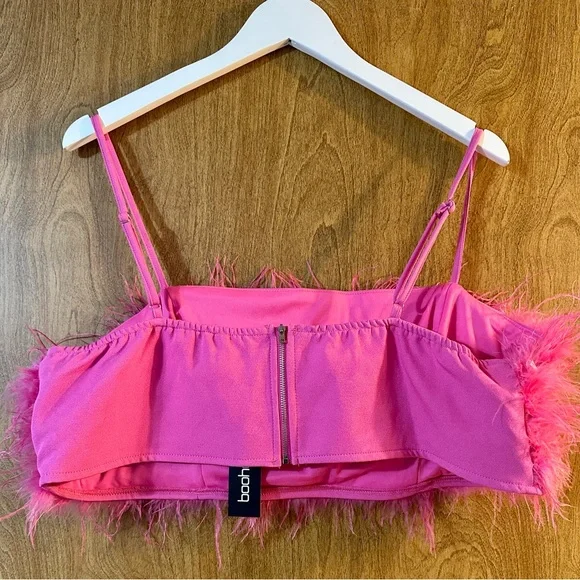 Boohoo Hot Pink Feather Crop Top – Size 14 - Picture 2 of 4